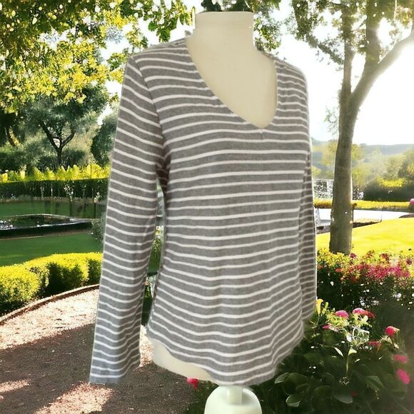 A New Day Tie Back Top Sz S Gray White Nautical Textured Stripes Coastal Beachy - Picture 16 of 16